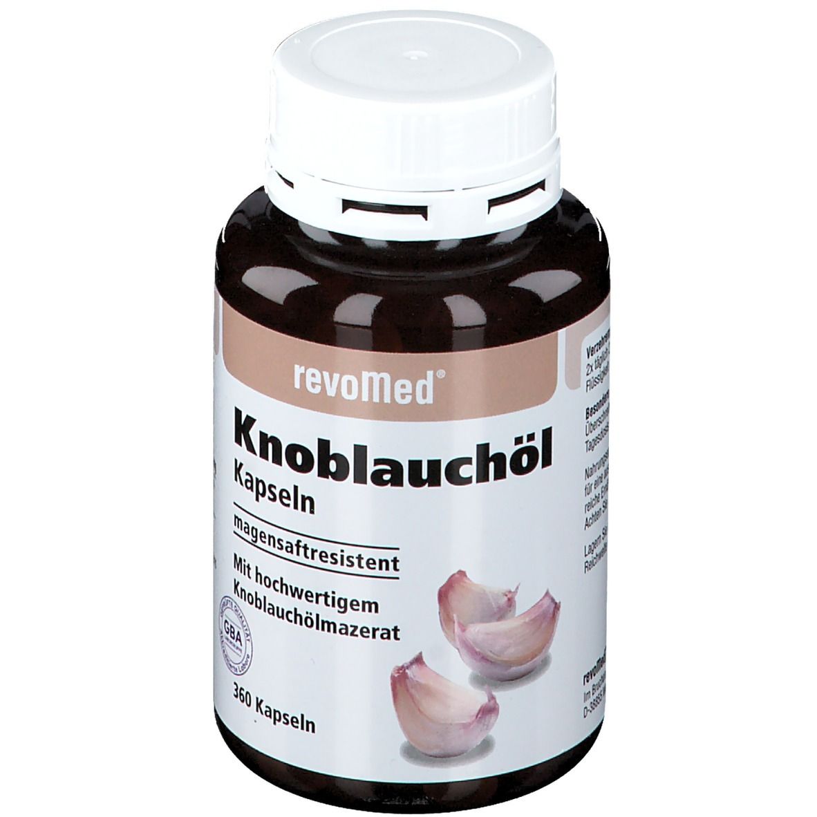 Braune Flasche mit weißem Deckel. Aufschrift: revoMed Knoblauchöl Kapseln. Abbildung von Knoblauchzehen.