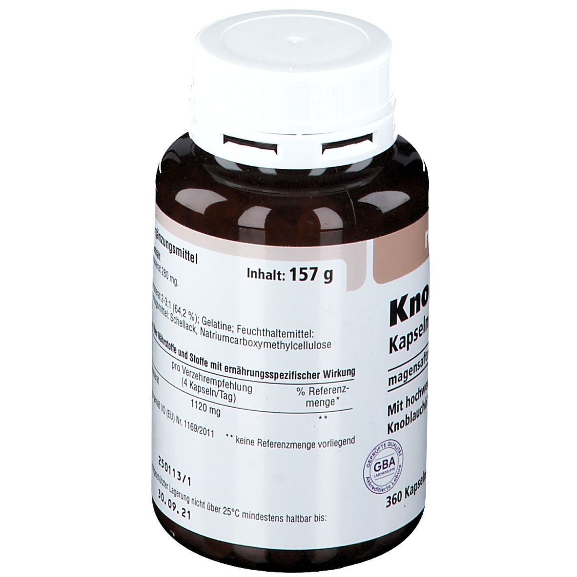 Rückseite der braunen Flasche mit weißem Deckel. Text: Nahrungsergänzungsmittel, Inhaltsstoffe, Chargennummer, MHD.