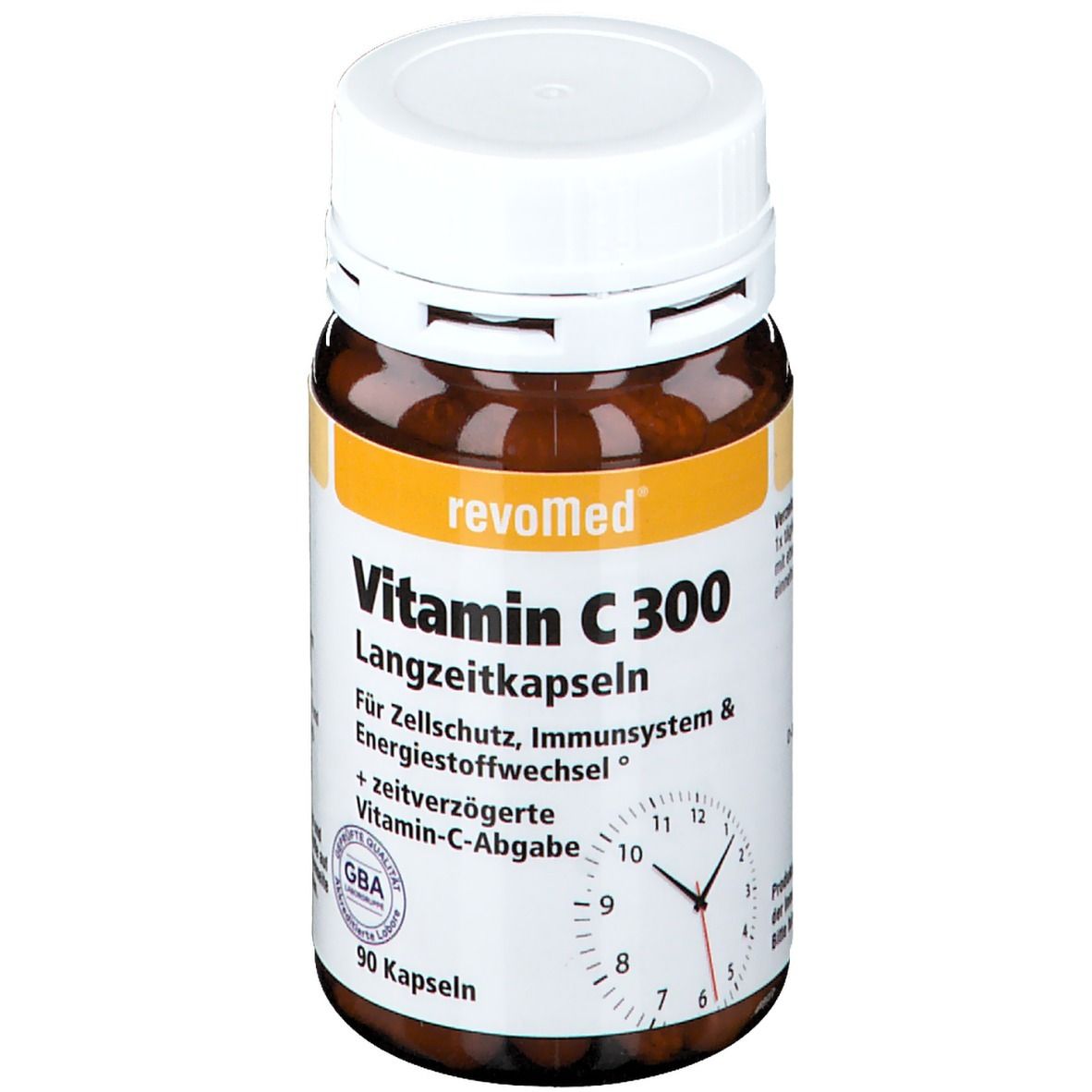 Braune Flasche mit weißem Deckel. Aufschrift: revoMed Vitamin C 300 Langzeitkapseln. GBA-Siegel. 90 Kapseln.