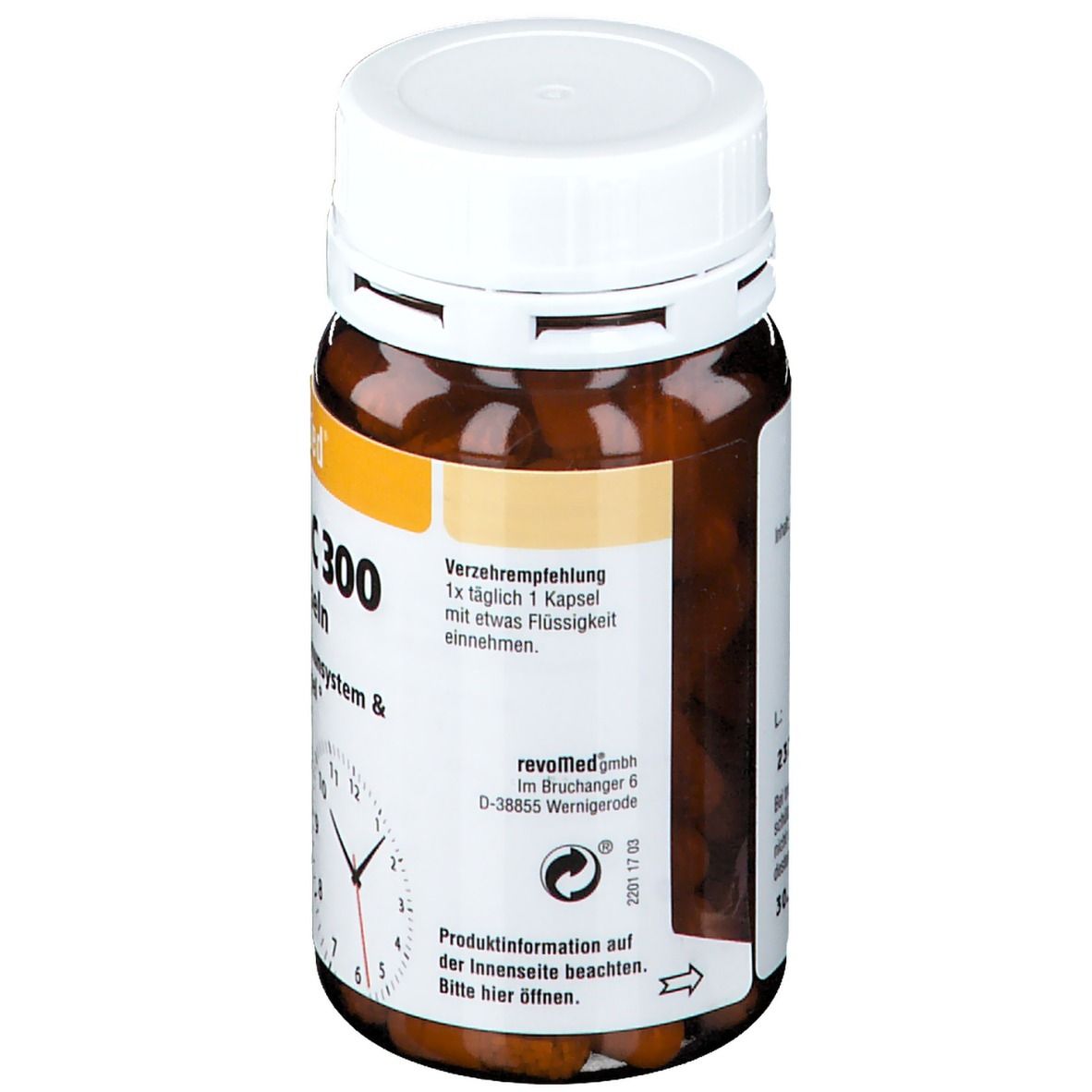 Braune Flasche mit weißem Deckel. Aufschrift: revoMed Vitamin C 300. Verzehrempfehlung. Produktinformationen. Pfeil.
