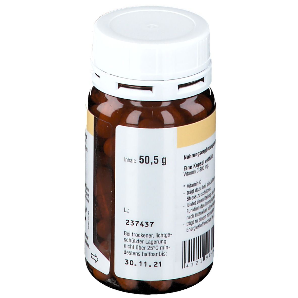 Braune Flasche mit weißem Deckel. Aufschrift: Inhalt 50,5 g. Mindestens haltbar bis 30.11.21. Chargennummer. Kapseln sichtbar.