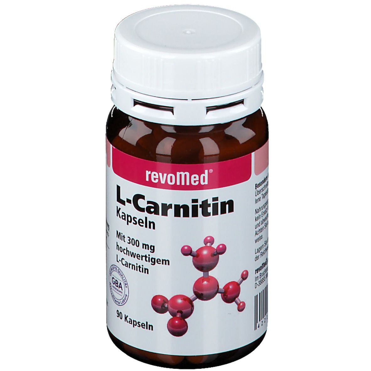 Braune Flasche mit weißem Deckel. Aufschrift: revoMed L-Carnitin Kapseln. Enthält 90 Kapseln. GBA-Siegel.