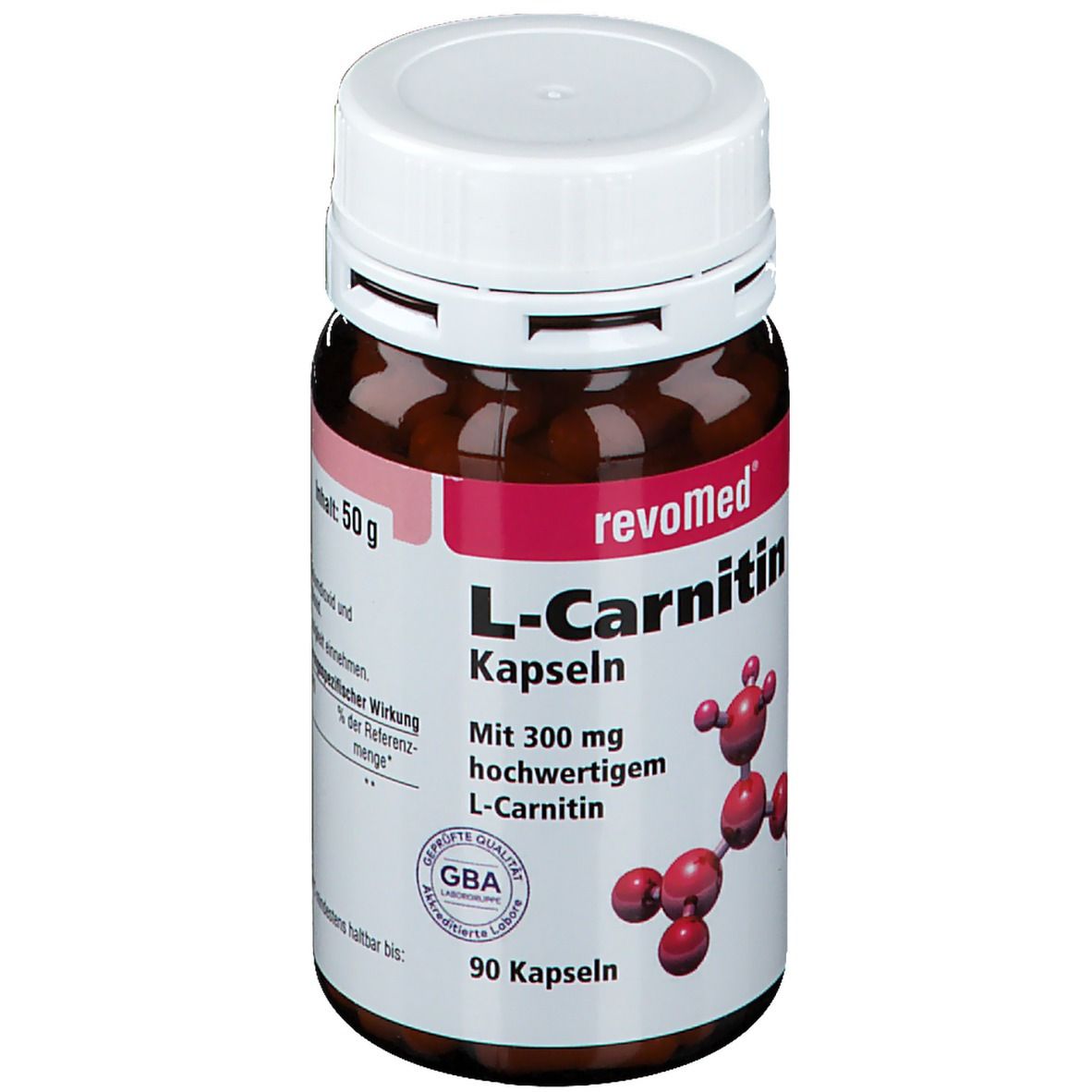 Braune Flasche mit weißem Deckel. Aufschrift: revoMed L-Carnitin Kapseln. Enthält 90 Kapseln. GBA-Siegel. Gewicht: 50g.