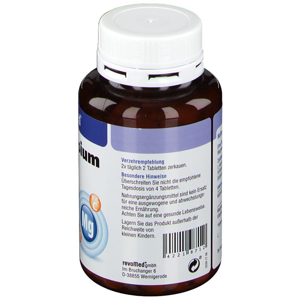 Braune Flasche mit weißem Deckel. Aufschrift: Magnesium. Hinweise und Nährwertangaben.