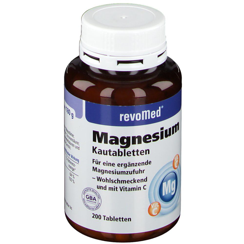 Braune Flasche mit weißem Deckel. Aufschrift: revoMed Magnesium Kautabletten. 200 Tabletten.