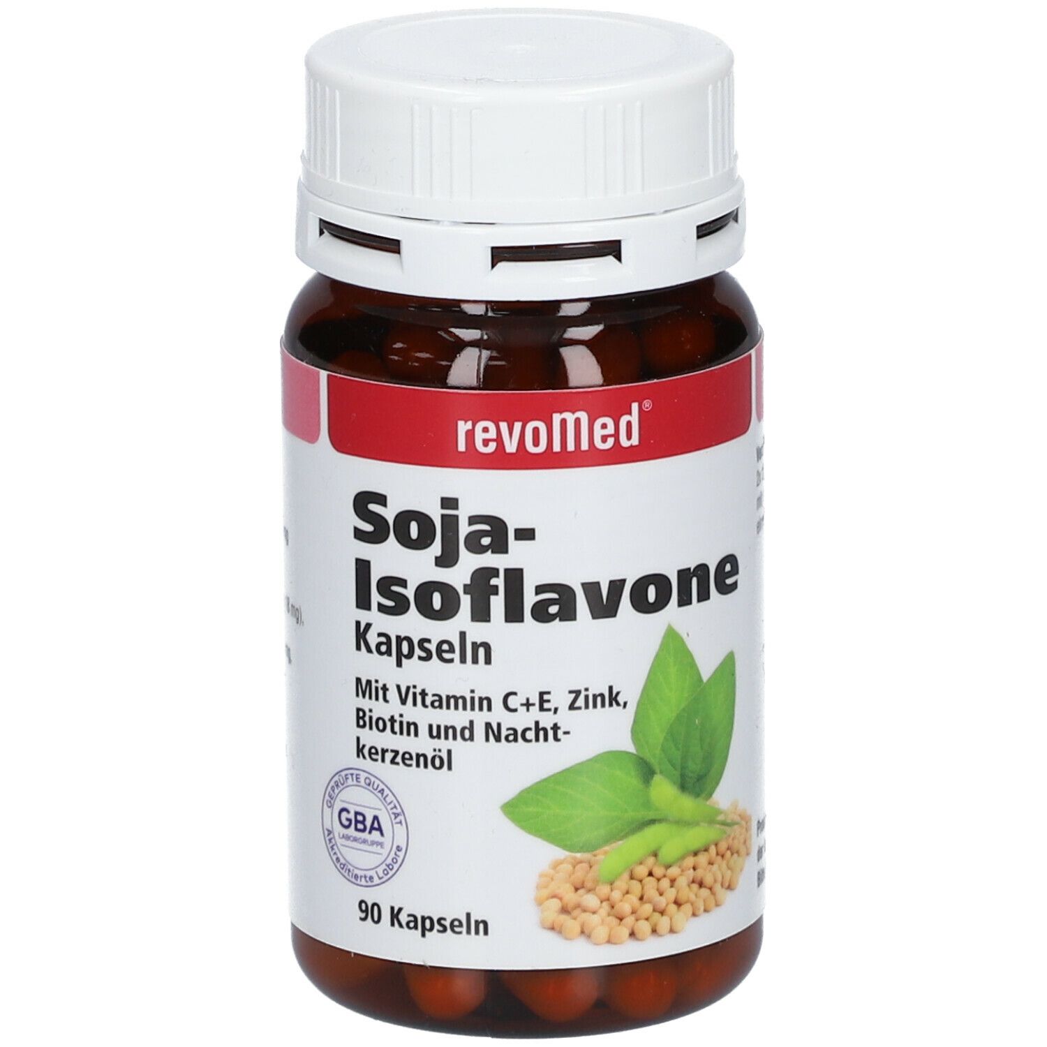Braune Flasche mit weißen Deckel. Aufschrift: revoMed Soja-Isoflavone Kapseln. Enthält Vitamin C+E, Zink, Biotin und Nachtkerzenöl. 90 Kapseln.