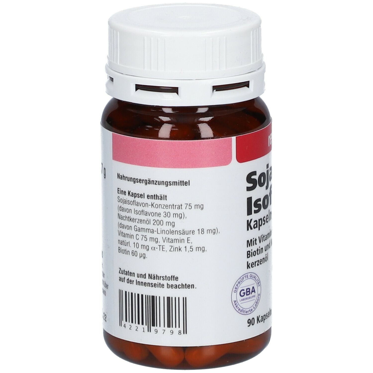Rückseite der braunen Flasche. Enthält Informationen zu Inhaltsstoffen und Nährwerten. GBA-Qualitätssiegel. 90 Kapseln. Barcode.