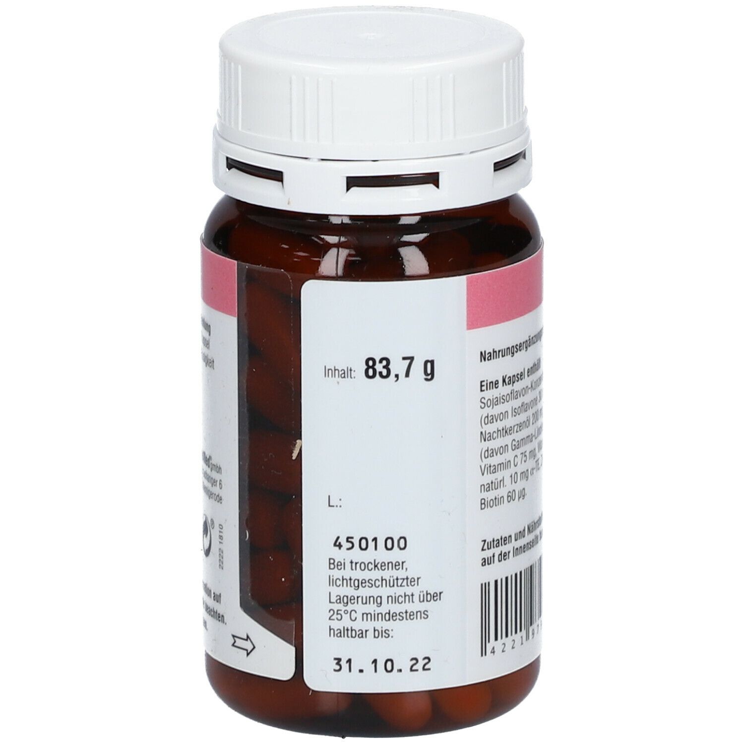 Rückseite der braunen Flasche. Enthält Informationen zu Inhaltsstoffen und Nährwerten. GBA-Qualitätssiegel. 90 Kapseln. Barcode.
