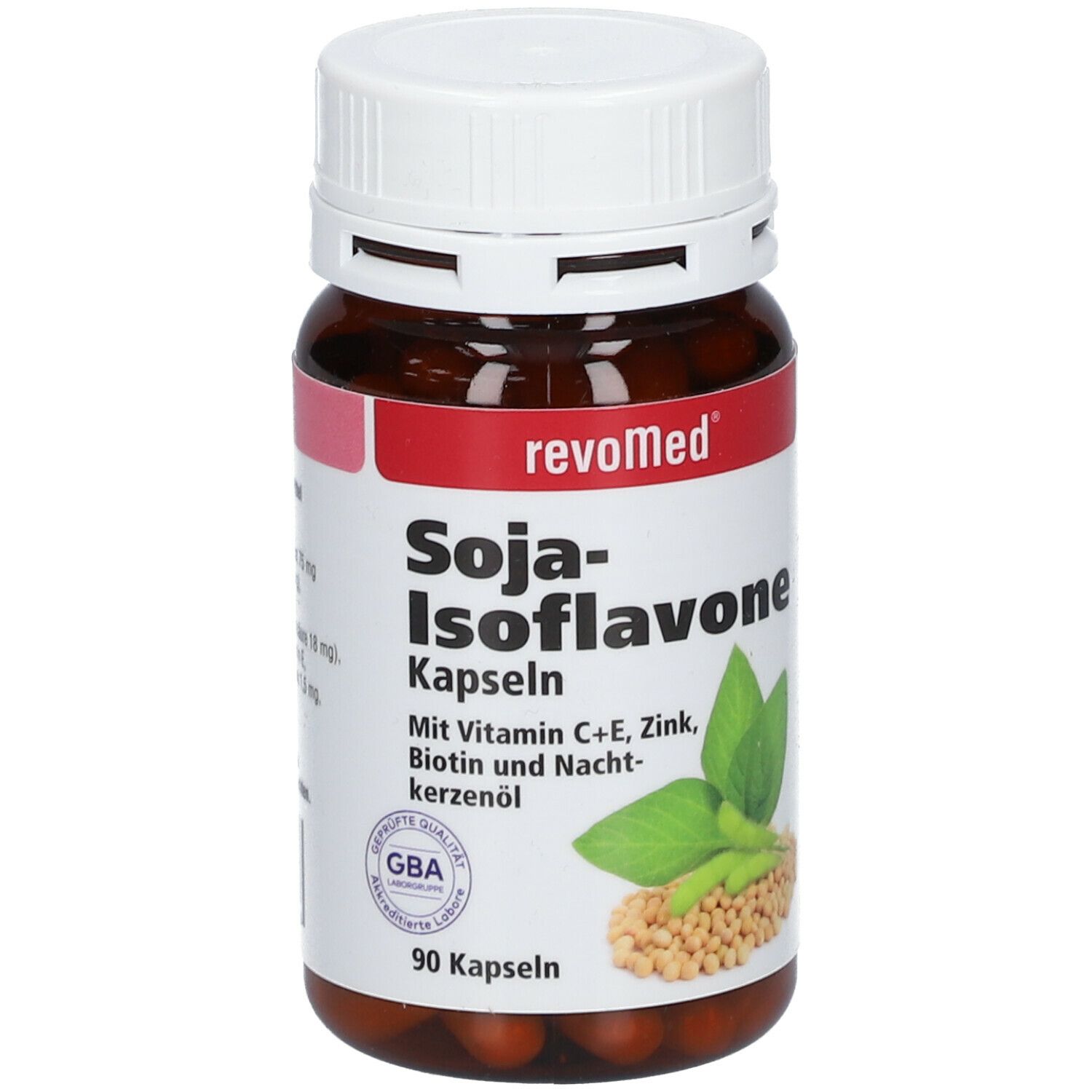 Braune Flasche mit weißen Deckel. Aufschrift: revoMed Soja-Isoflavone Kapseln. Enthält Vitamin C+E, Zink, Biotin und Nachtkerzenöl. 90 Kapseln.
