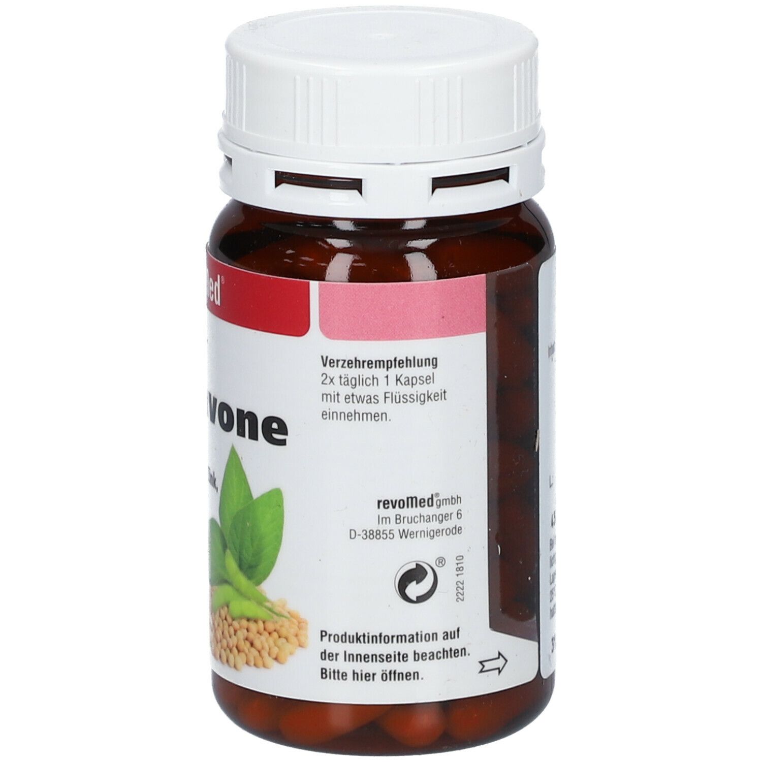 Braune Flasche mit weißen Deckel. Aufschrift: revoMed Soja-Isoflavone Kapseln. Enthält Vitamin C+E, Zink, Biotin und Nachtkerzenöl. 90 Kapseln.