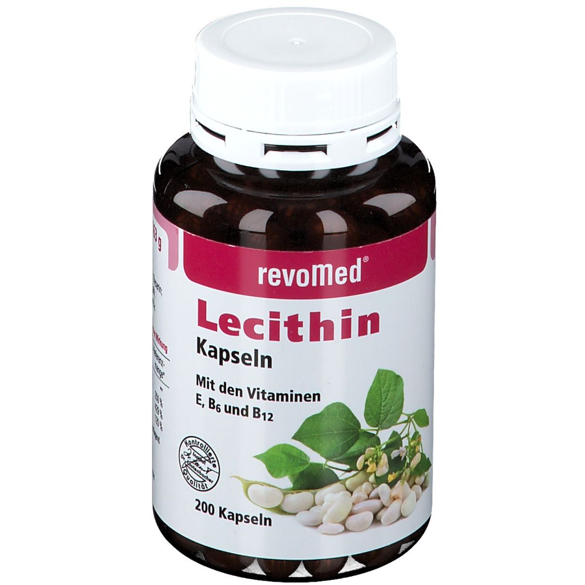 Braune Flasche mit weißem Deckel. Aufschrift: revoMed Lecithin Kapseln. Enthält Vitamine E, B6 und B12. 200 Kapseln.