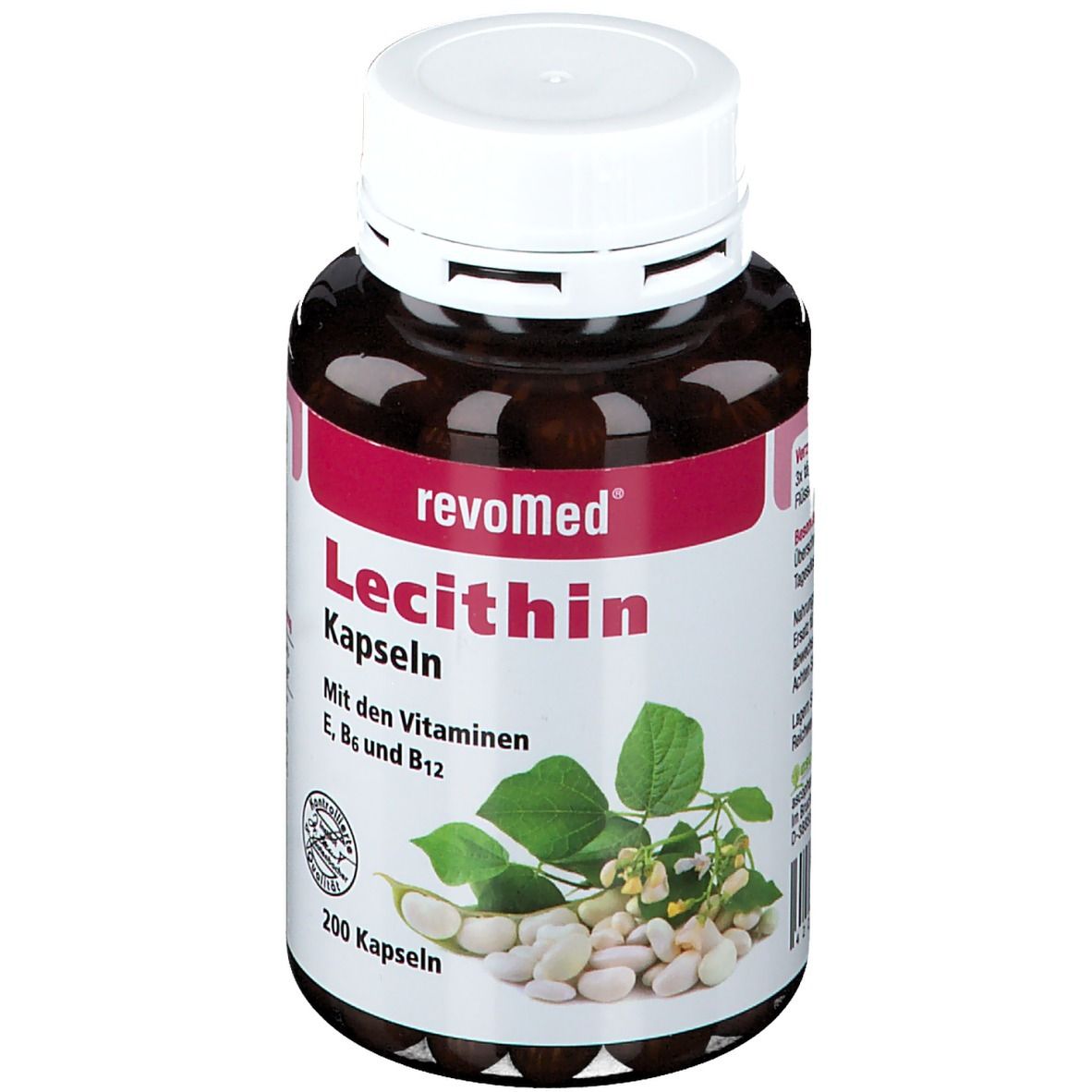 Braune Flasche mit weißem Deckel. Aufschrift: revoMed Lecithin Kapseln. Enthält Vitamine E, B6 und B12. 200 Kapseln.