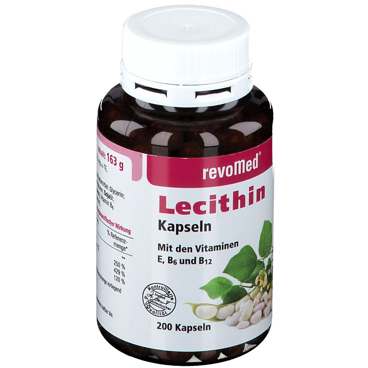 Braune Flasche mit weißem Deckel. Aufschrift: revoMed Lecithin Kapseln. Enthält Vitamine E, B6 und B12. 200 Kapseln. Gewicht: 163 g.