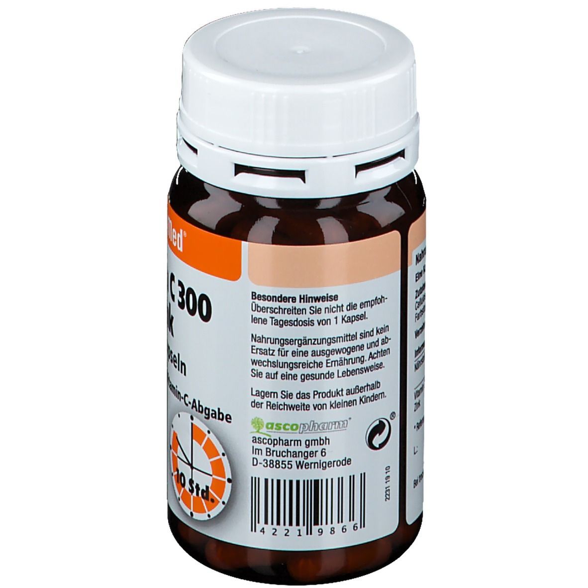 Rückseite der braunen Flasche mit weißem Deckel. Text: Besondere Hinweise. Hersteller: ascopharm GmbH. Barcode und weitere Informationen.