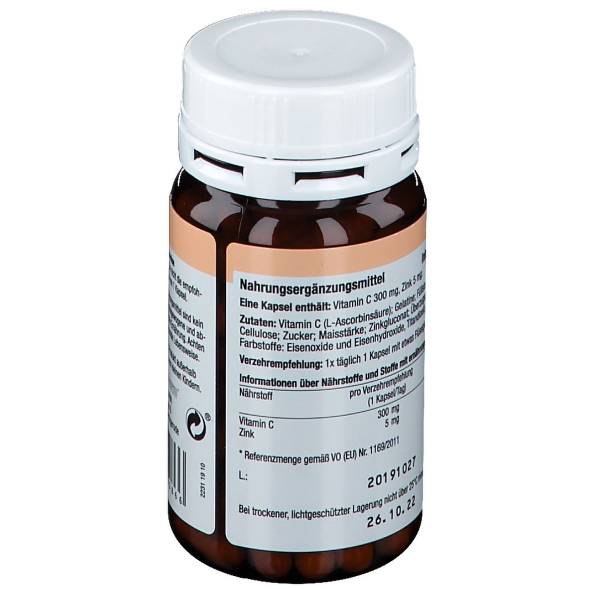 Rückseite der braunen Flasche mit weißem Deckel. Text: Nahrungsergänzungsmittel. Inhaltsstoffe: Vitamin C, Zink. Nährwertangaben pro Kapsel.