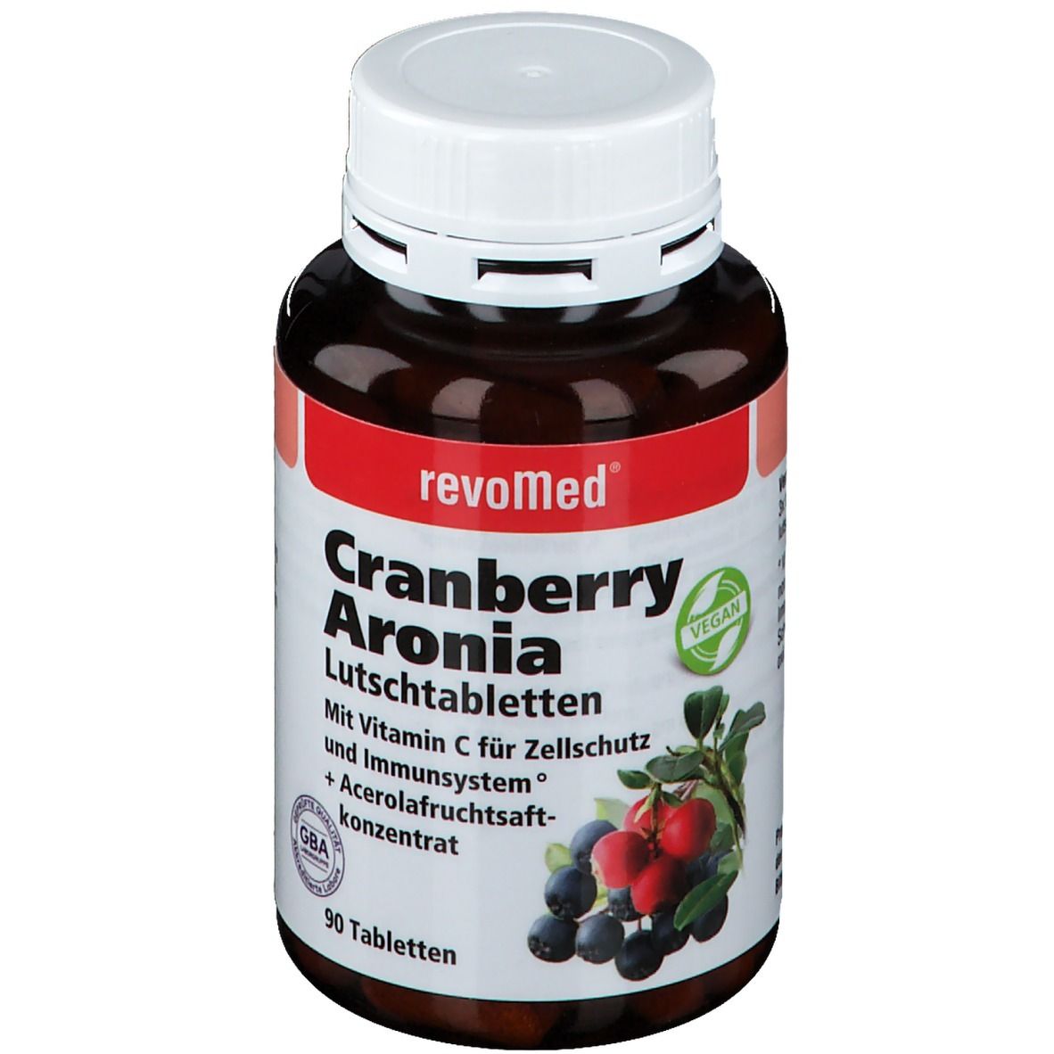 Braune Tablettenflasche mit weißem Deckel. Aufschrift: revoMed Cranberry Aronia Lutschtabletten. Mit Vitamin C und Acerola.