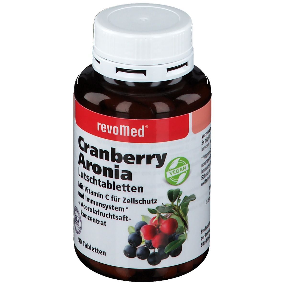 Braune Tablettenflasche mit weißem Deckel. Aufschrift: revoMed Cranberry Aronia Lutschtabletten. Mit Vitamin C und Acerola. 30 Tabletten.