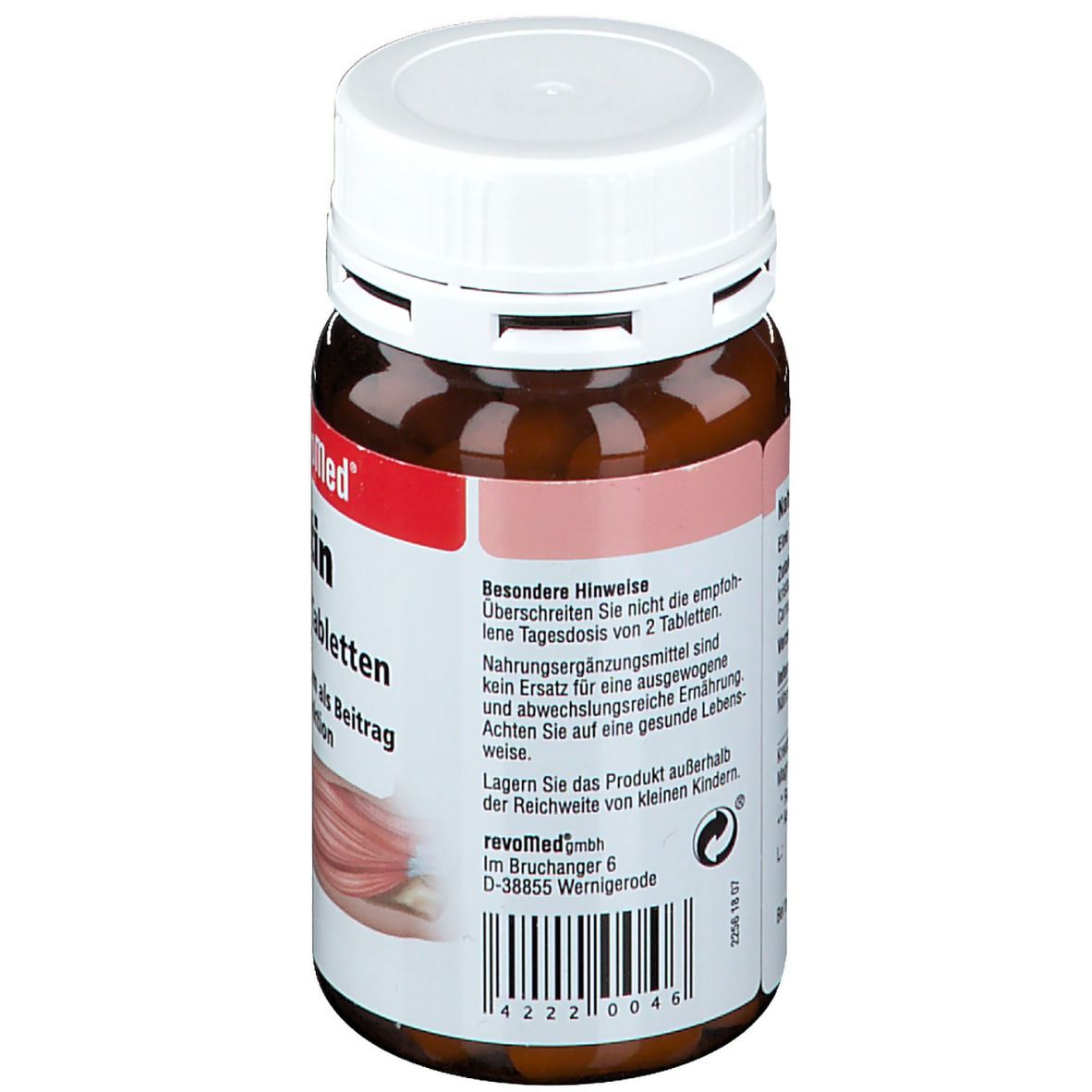 Rückseite der Tablettenflasche. Text: Besondere Hinweise, Nahrungsergänzungsmittel, Lagerungshinweise. Herstelleradresse und Chargennummer.