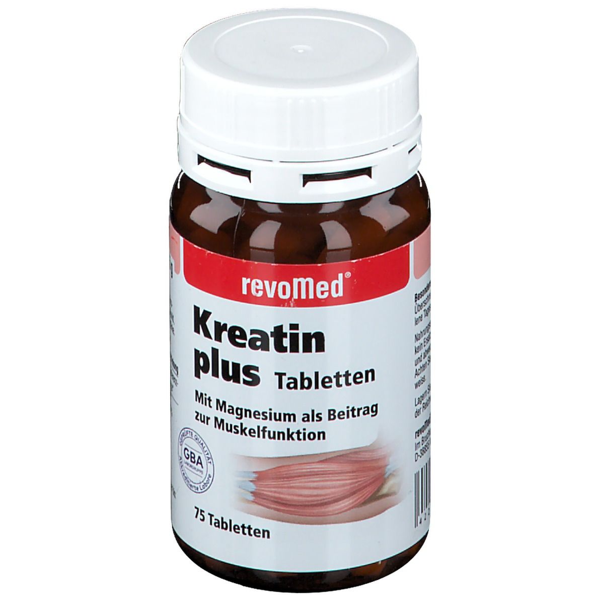Braune Tablettenflasche mit weißem Deckel. Aufschrift: revoMed Kreatin plus Tabletten. 75 Tabletten. GBA-Qualitätssiegel.