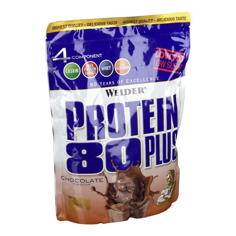 Weider Protein 80 Plus Beutel, Schokolade. Blaue und weiße Verpackung mit Produktnamen und Schokoladen-Illustration. Enthält 4 Proteinkomponenten.