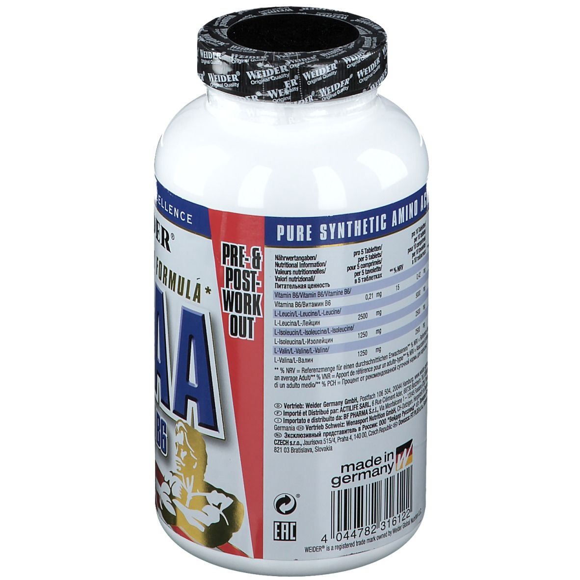 Flacon blanc avec étiquette. Contient des informations sur les ingrédients et les valeurs nutritionnelles. Fabriqué en Allemagne.