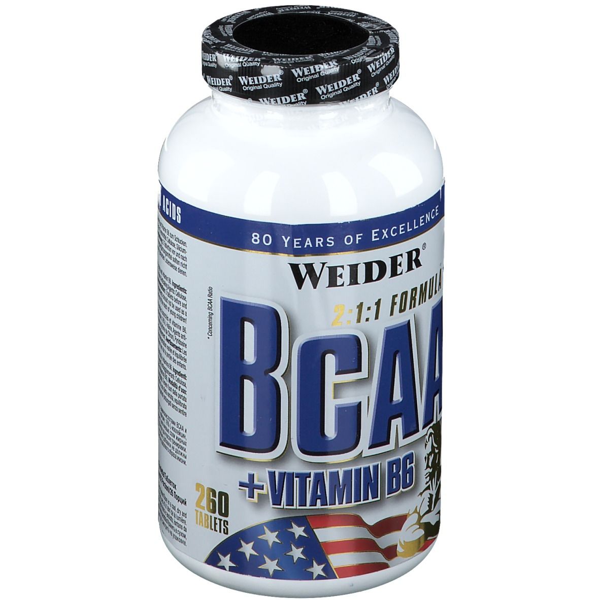 Flacon blanc avec bouchon noir. Inscription BCAA + Vitamine B6. Drapeau américain et illustration d'un homme musclé.