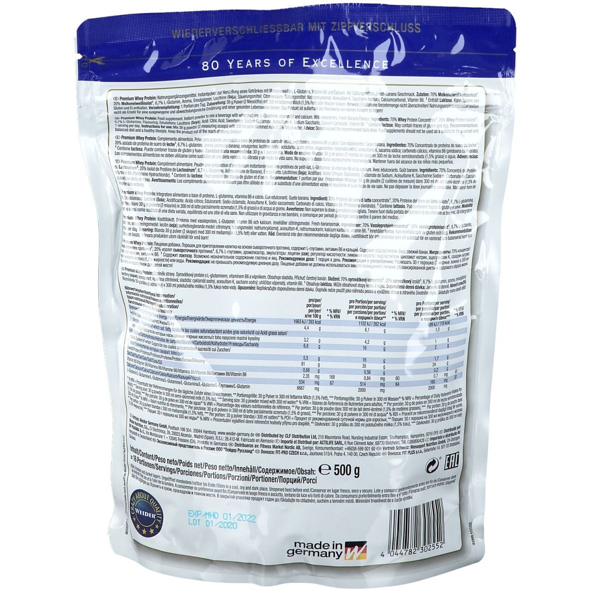 Rückseite der Weider Premium Whey Protein-Verpackung. Enthält Text und Nährwertangaben. Hergestellt in Deutschland. 500g.