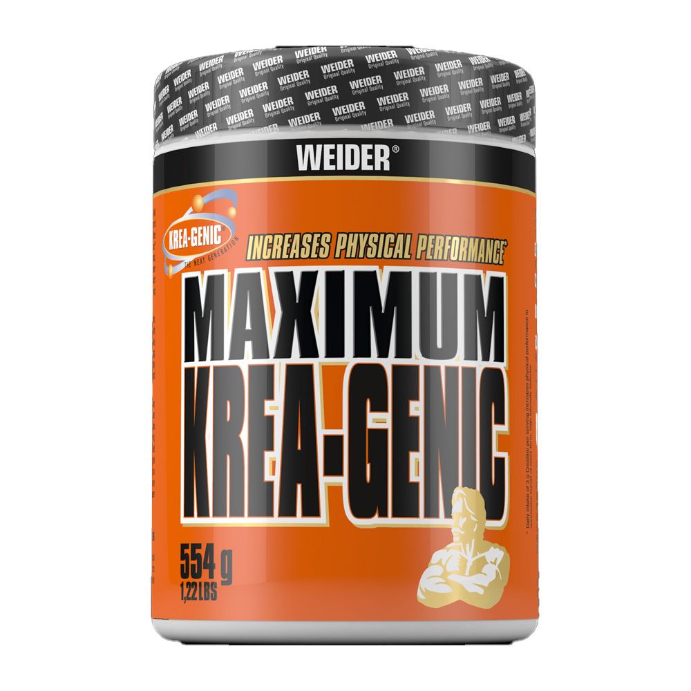 Orangefarbener Behälter mit schwarzem Deckel. Aufschrift: MAXIMUM KREA-GENIC, Weider. Enthält 554g. Erhöht die körperliche Leistungsfähigkeit.
