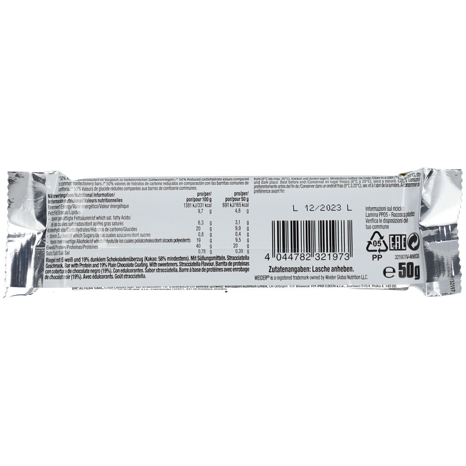 Weider 40 % High Protein Low Carb, Stracciatella, Riegel 10x50 g