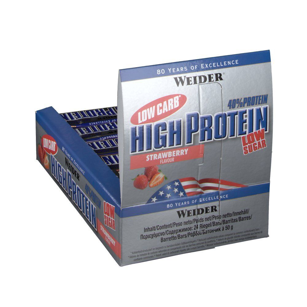 Schachtel mit Proteinriegeln. Aufdruck: High Protein, Low Carb, Erdbeergeschmack. Weider-Logo. 24 Riegel, 50 g.
