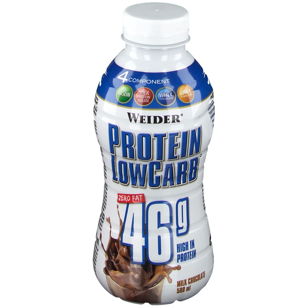 Weider Protein Low Carb Drink, Schokolade. Weiße Flasche mit blauem Etikett. Enthält 46g Protein. Milchschokolade, 500 ml.