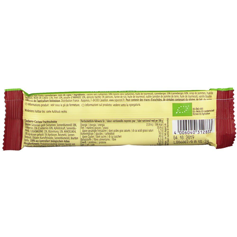 RAPUNZEL Bio Fruchtschnitte, Cranberry-Cashew