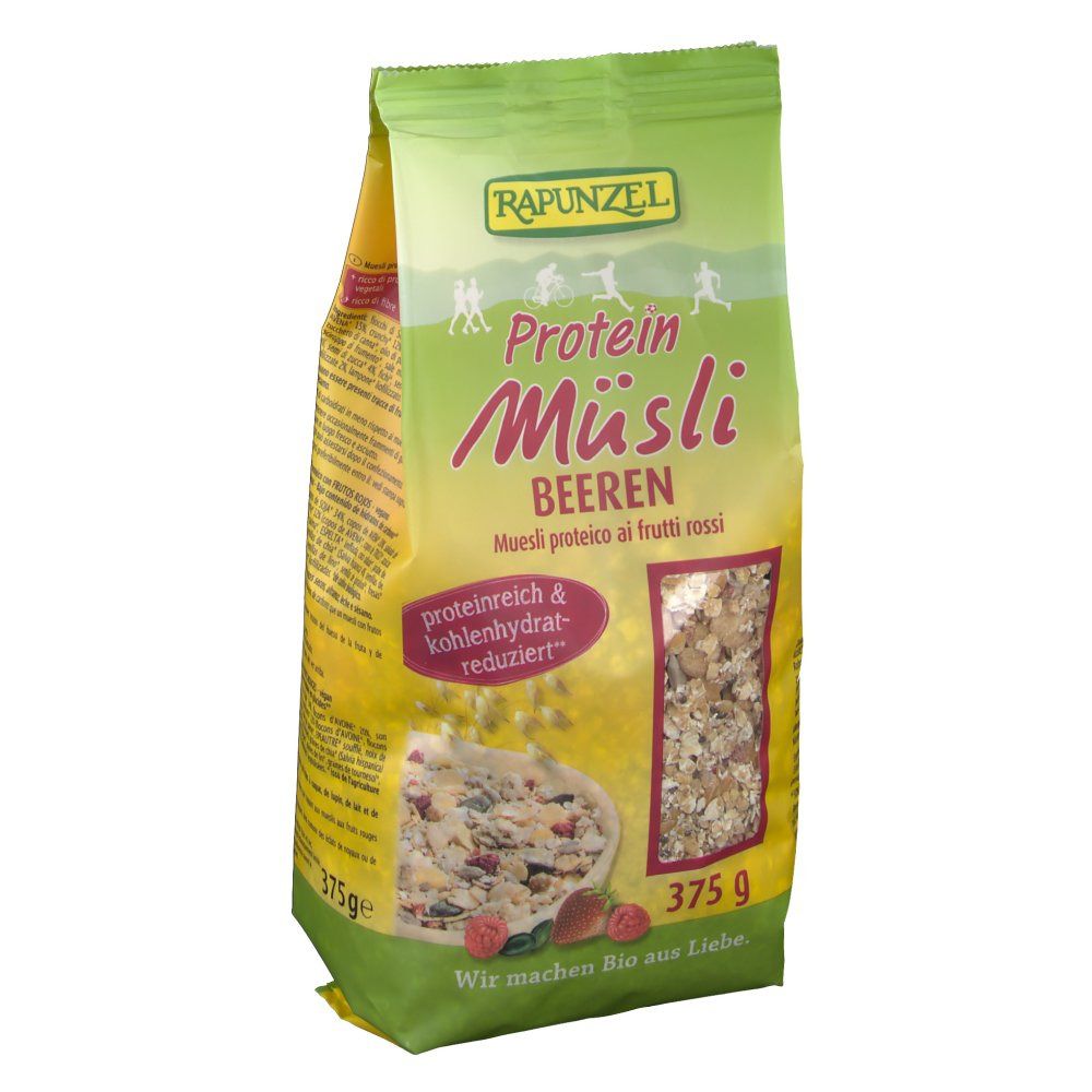 Verpackung RAPUNZEL Bio Protein-Müsli, Beeren. Grün-gelbe Tüte mit Produktabbildung und Text. 375g. Proteinreich & kohlenhydratreduziert.