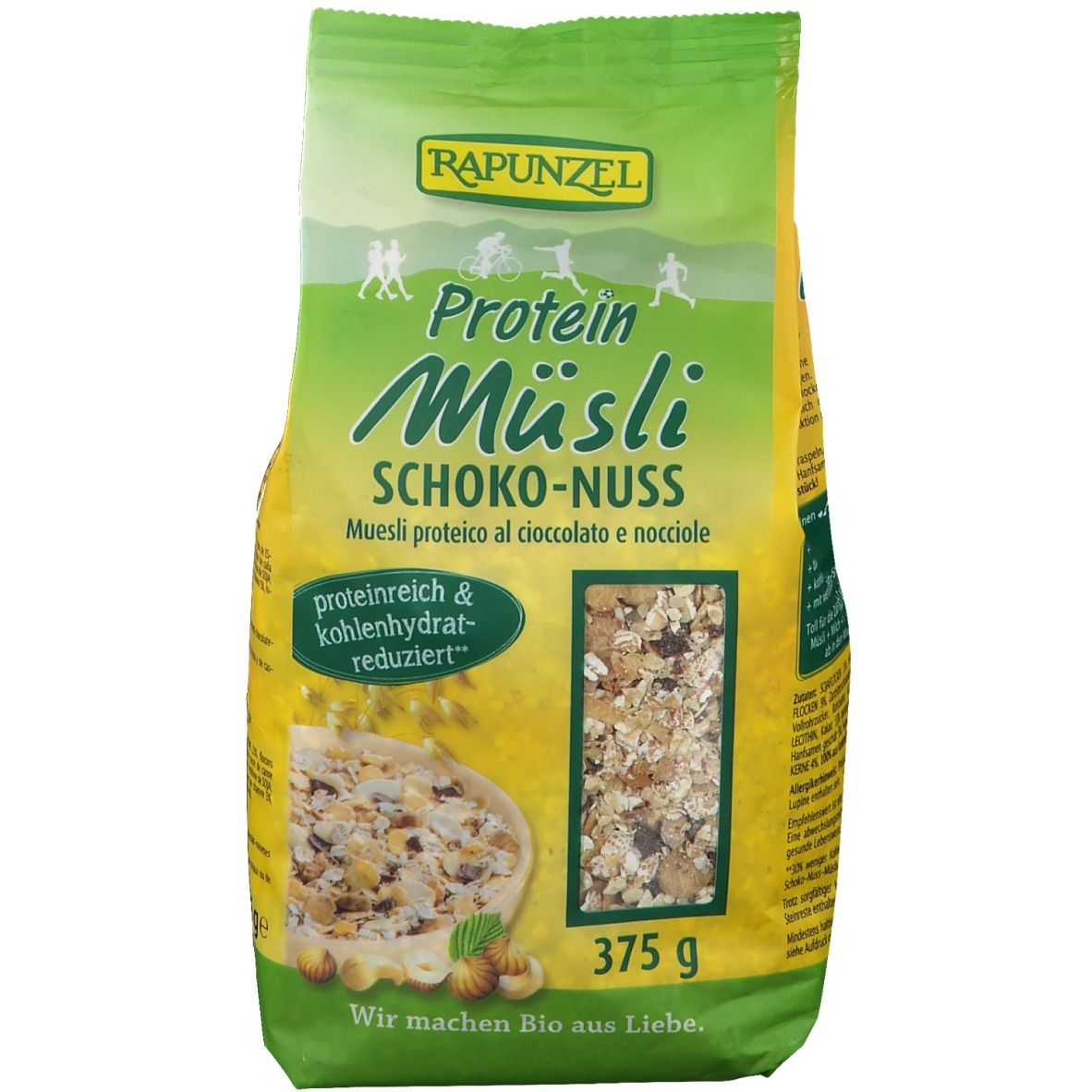 Grüne Verpackung mit Rapunzel Protein-Müsli Schoko-Nuss. Sichtfenster mit Müsli-Mischung. Text: proteinreich & kohlenhydratreduziert. 375g.