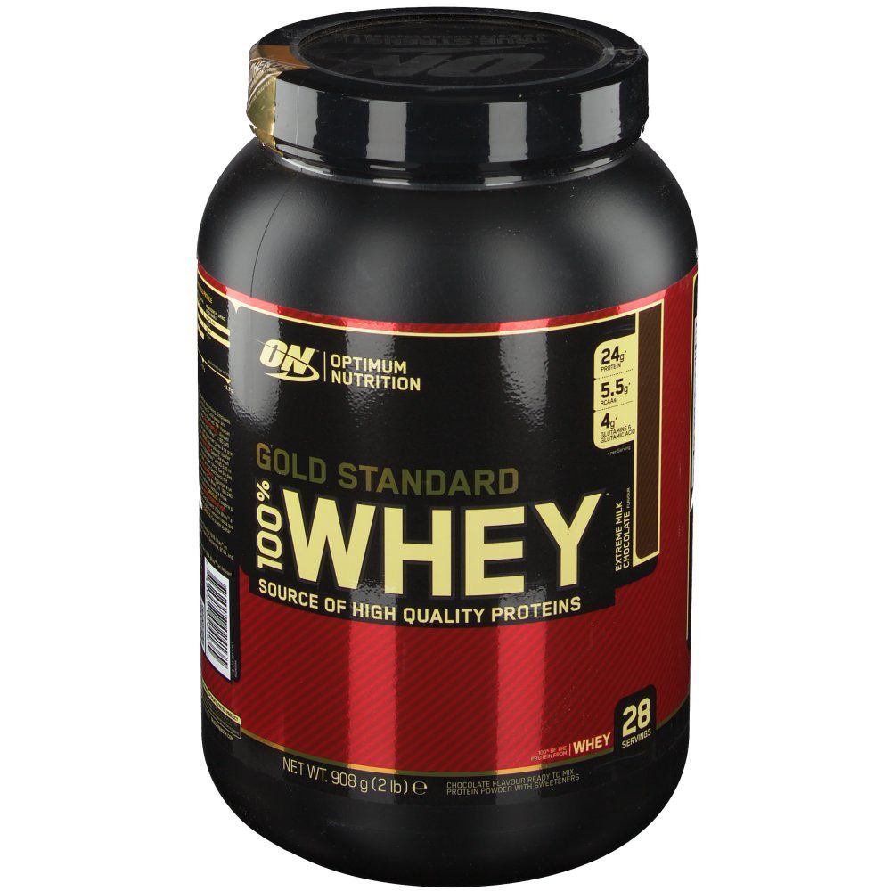 Schwarze Dose mit rotem Etikett. Aufschrift: Gold Standard 100% Whey, Optimum Nutrition. Deckel und Etikett mit Produktinformationen.