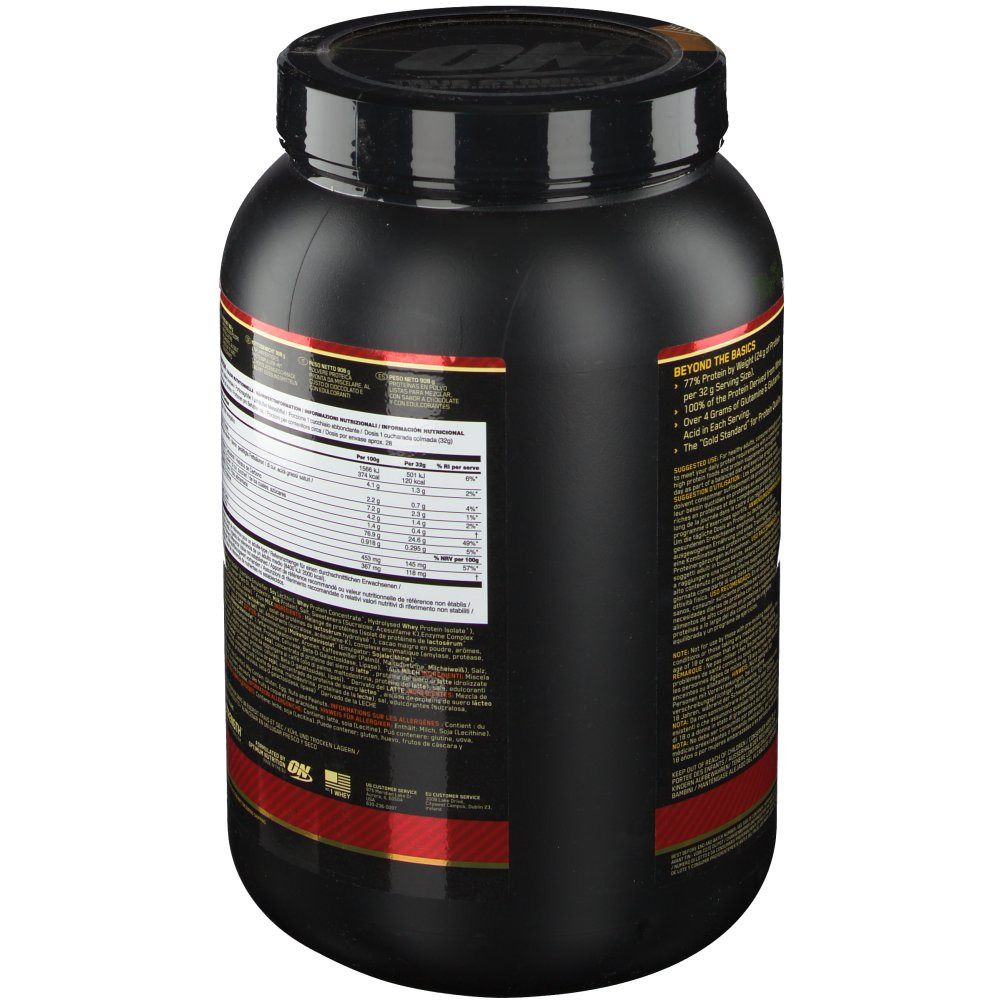 Schwarze Dose mit rotem Etikett. Aufschrift: Gold Standard 100% Whey, Optimum Nutrition. Rückseite mit Produktinformationen und Nährwertangaben.