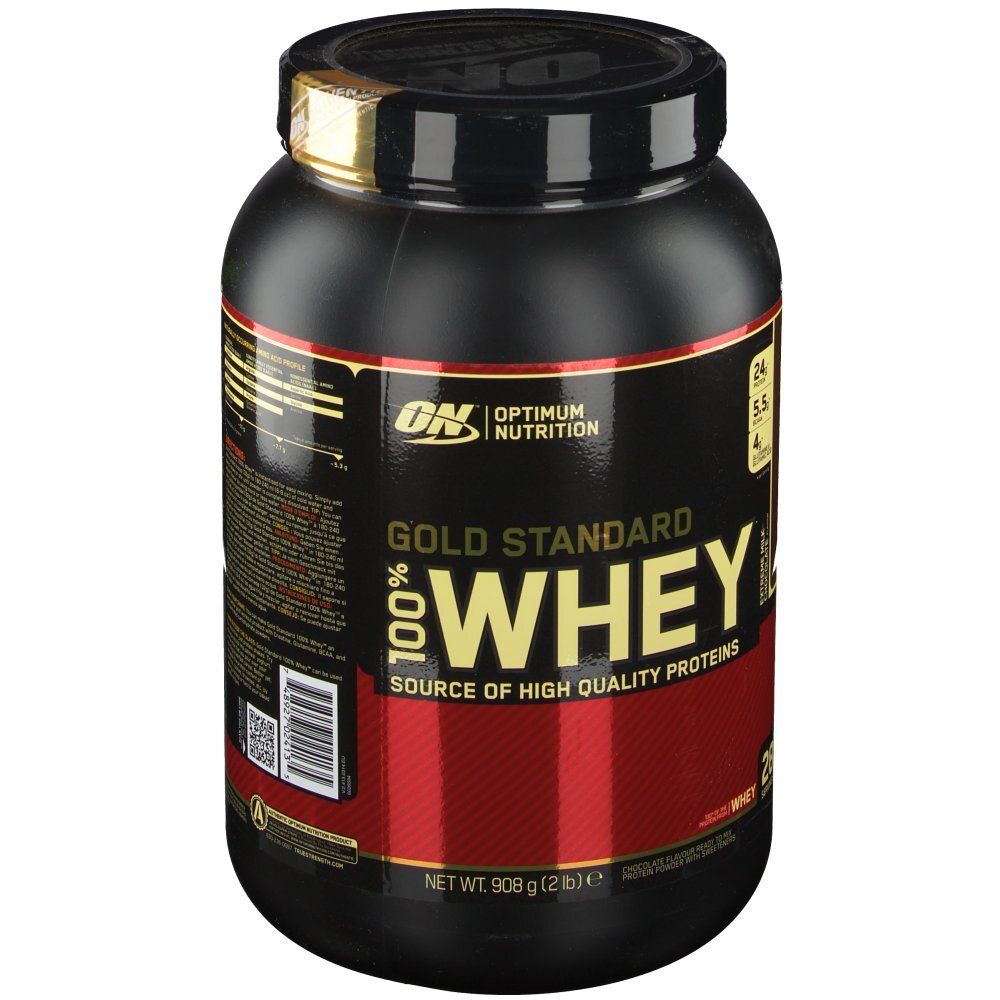 Schwarze Dose mit rotem Etikett. Aufschrift: Gold Standard 100% Whey, Optimum Nutrition. Deckel und Etikett mit Produktinformationen.