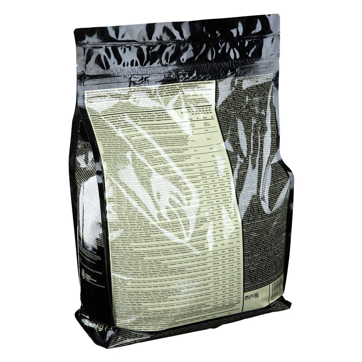Rückseite der schwarzen Tüte "Optimum Nutrition Serious Mass". Enthält Nährwertangaben und Produktinformationen.