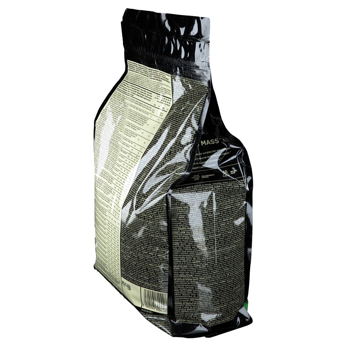 Schwarze Tüte "Optimum Nutrition Serious Mass" von der Seite. Rückseite mit Produktinformationen. Grün-weiße Akzente.