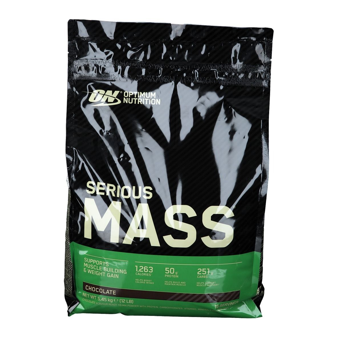 Schwarze Tüte "Optimum Nutrition Serious Mass" mit weißem und grünem Text. Schokoladengeschmack. Netto 5,45 kg.