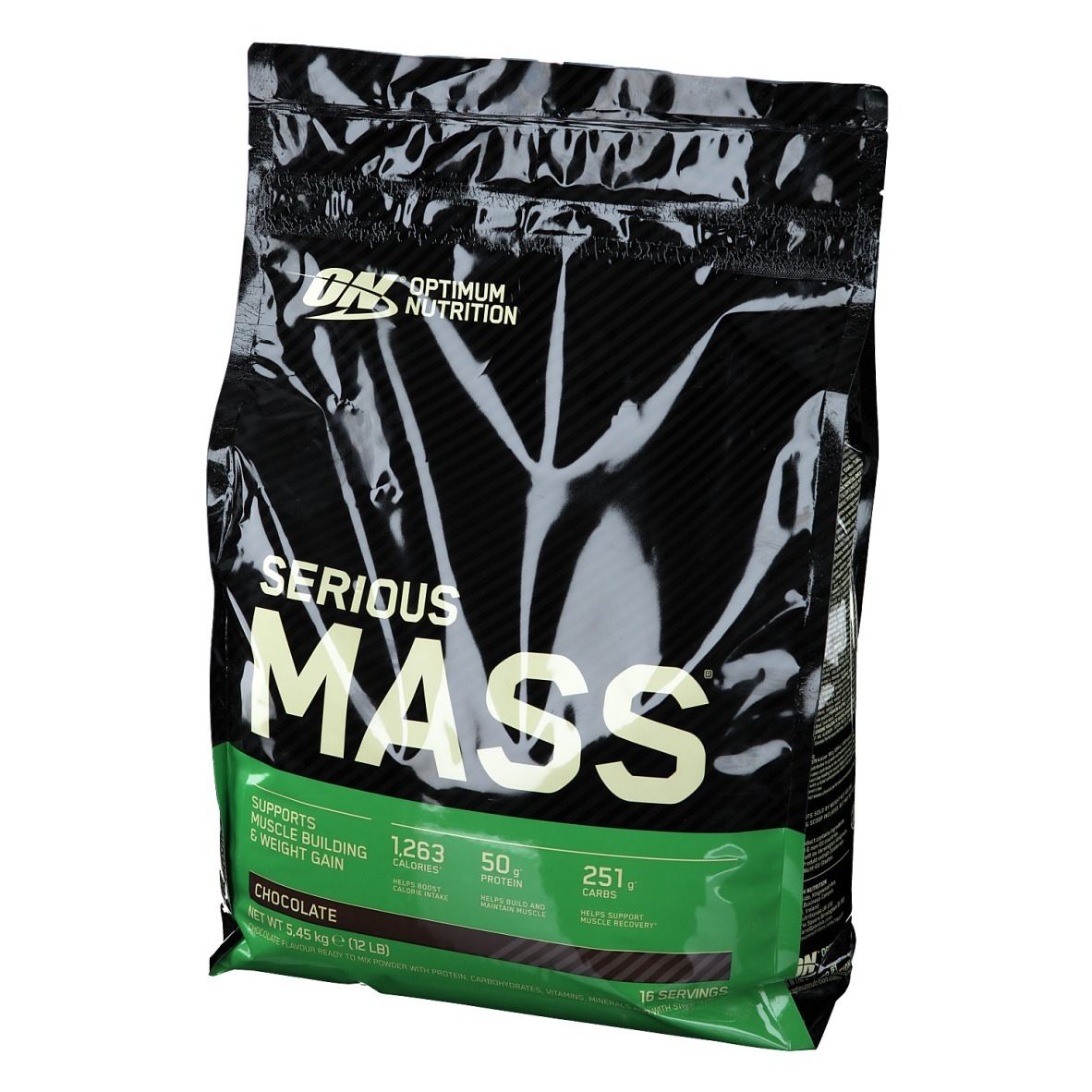 Schwarze Tüte "Optimum Nutrition Serious Mass" mit weißem und grünem Text. Schokoladengeschmack. Netto 5,45 kg.