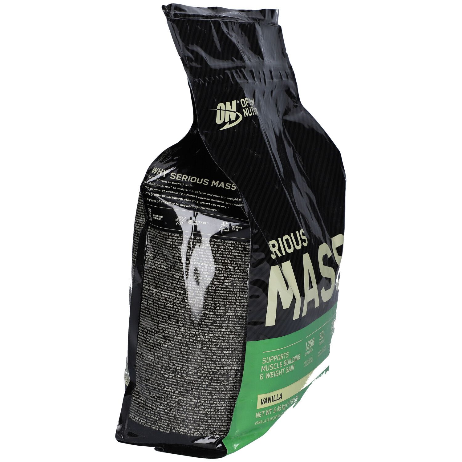 Zwarte zak "Optimum Nutrition Serious Mass, Vanille". Zijzicht. Bevat tekst en groene accenten. Gewicht: 5,45 kg.