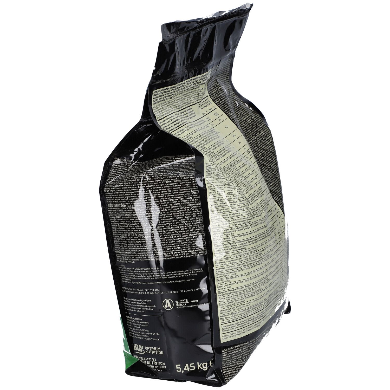 Zwarte zak "Optimum Nutrition Serious Mass, Vanille". Zijzicht. Gewicht: 5,45 kg. Bevat tekst en groene accenten.