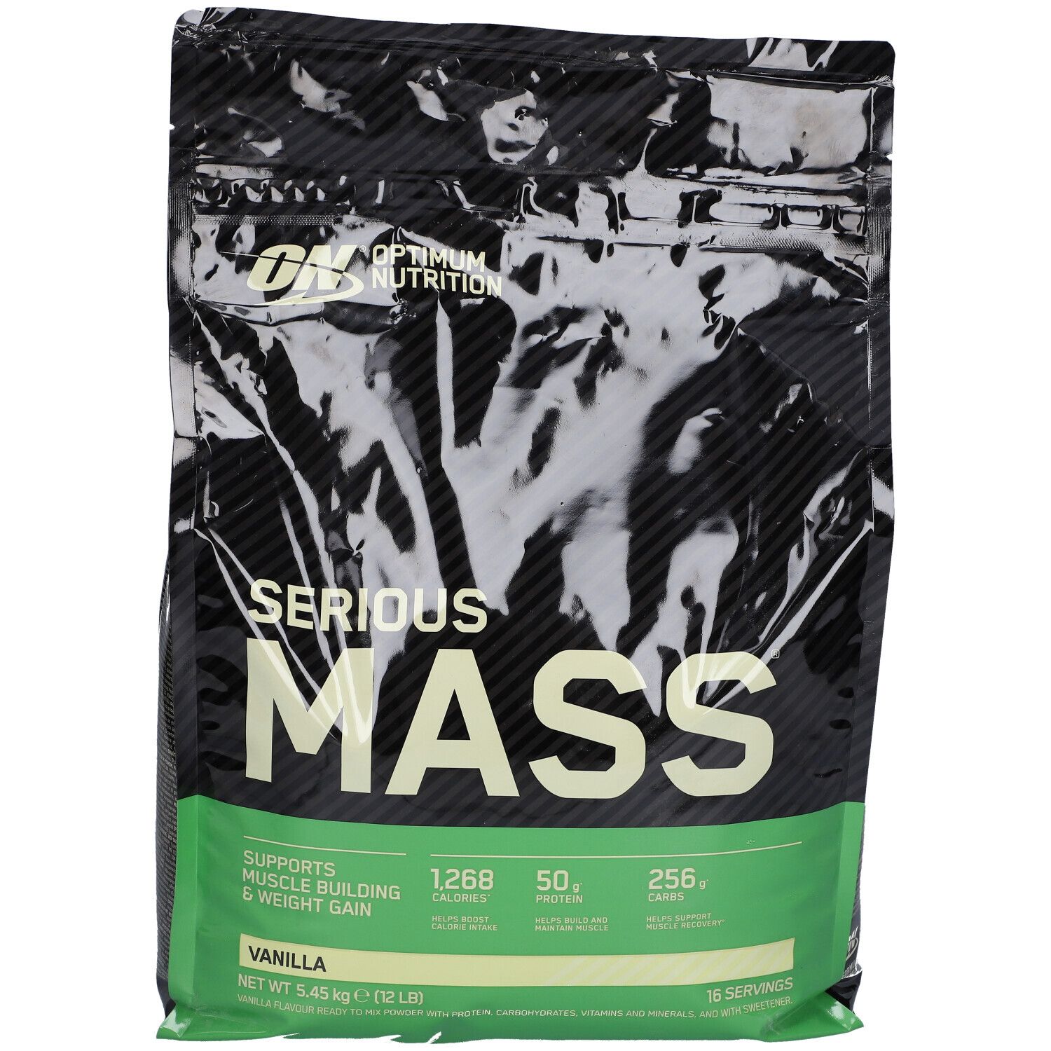 Zwarte zak "Optimum Nutrition Serious Mass, Vanille". Bevat calorie-, eiwit- en koolhydraatinformatie. 15 porties.