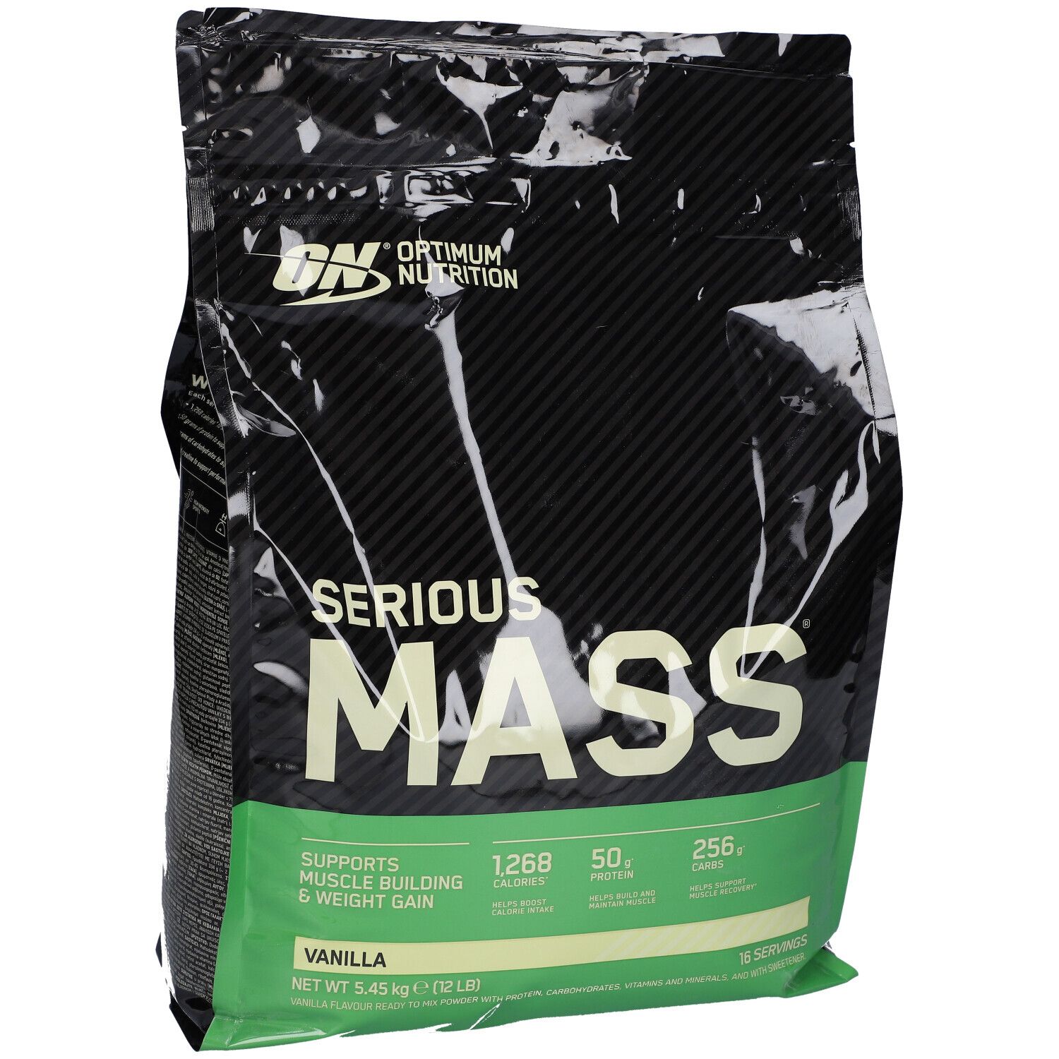 Zwarte zak "Optimum Nutrition Serious Mass, Vanille". Bevat calorie-, eiwit- en koolhydraatinformatie. 16 porties.