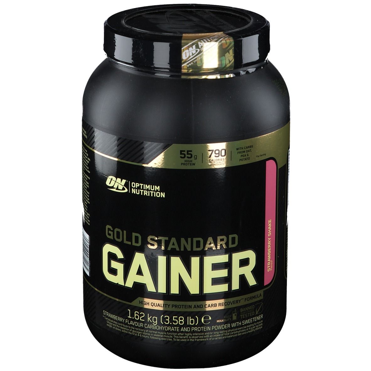 Pot noir "Gold Standard Gainer". Contient 1,62 kg de poudre de protéines et glucides saveur fraise.