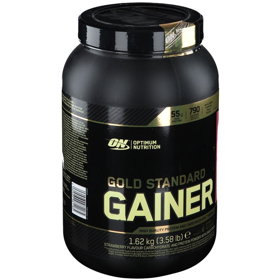 Pot noir "Gold Standard Gainer". Contient 1,62 kg de poudre de protéines et glucides saveur fraise.