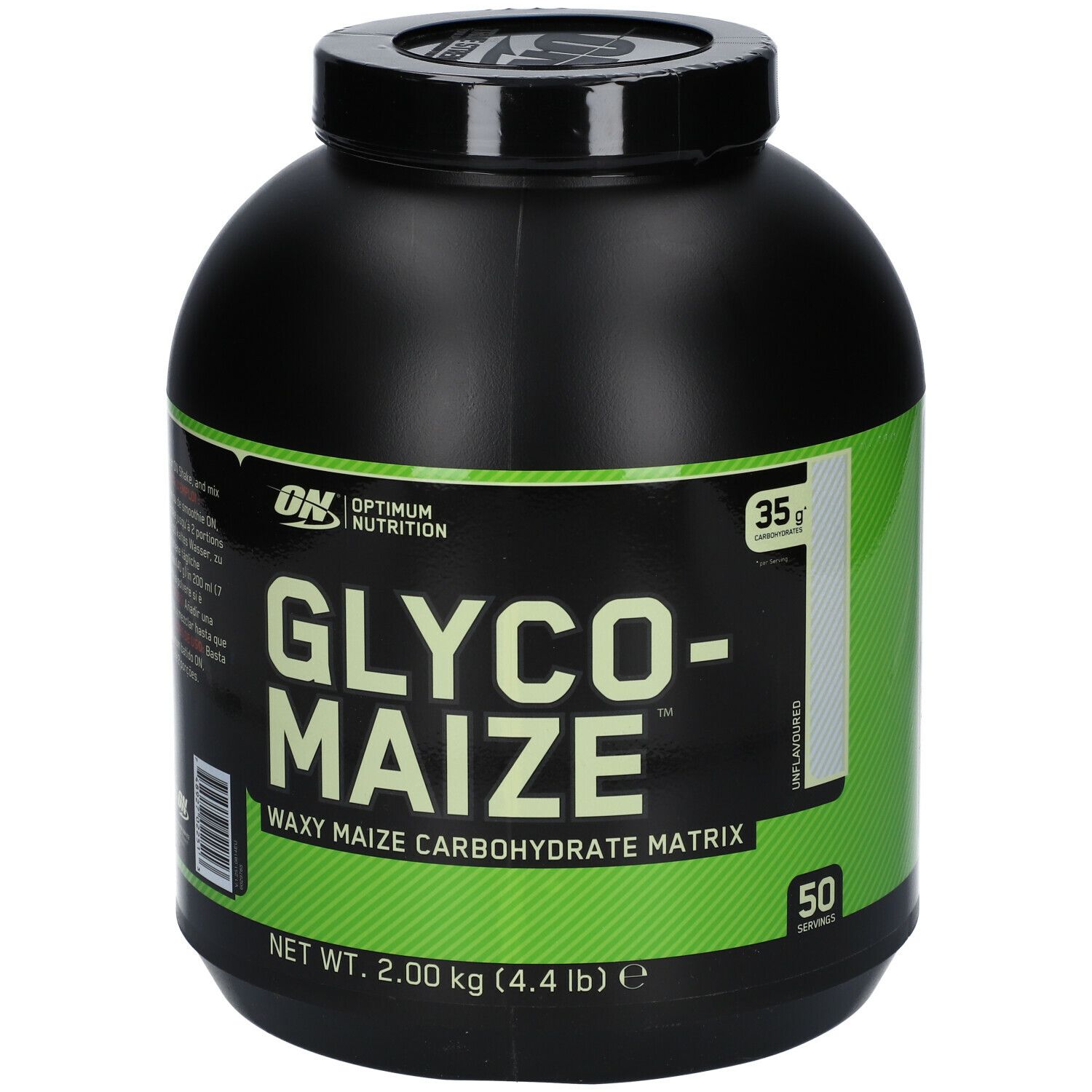 Schwarzer Behälter mit grünem Etikett. Aufschrift: Glyco-Maize, Waxy Maize Carbohydrate Matrix. Marke: Optimum Nutrition. 2.00 kg.