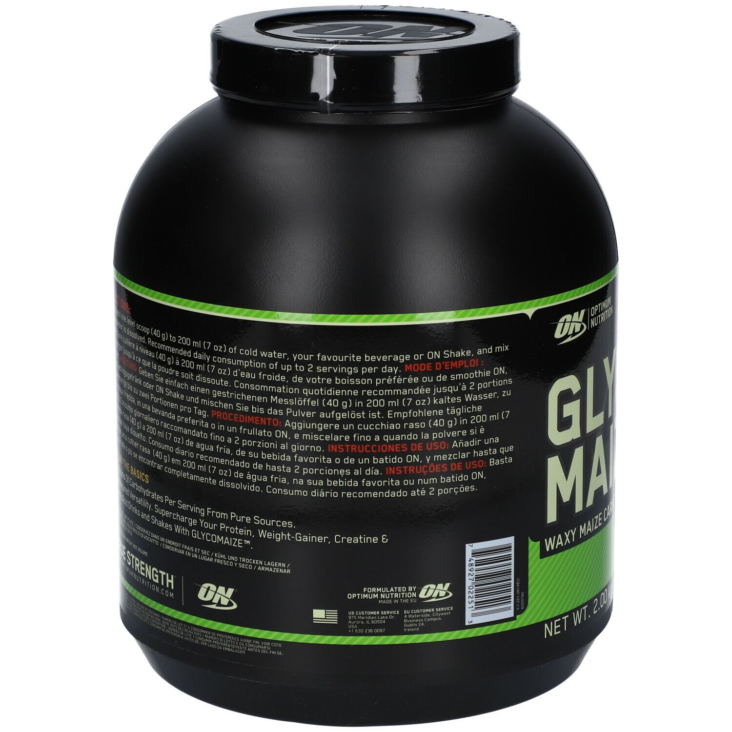 Schwarzer Behälter, Rückseite mit Text. Marke: Optimum Nutrition. Enthält Informationen zur Anwendung und Nährwertangaben.