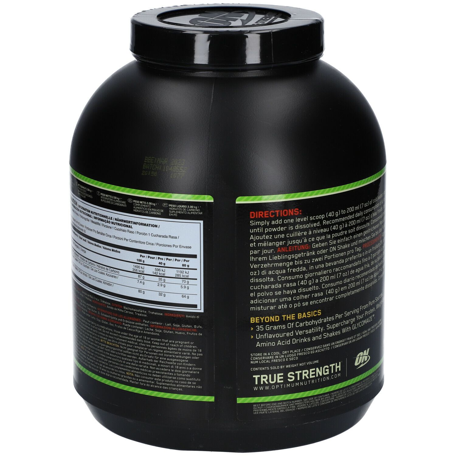 Schwarzer Behälter, Rückseite mit Text. Marke: Optimum Nutrition. Enthält Informationen zur Anwendung und Nährwertangaben.